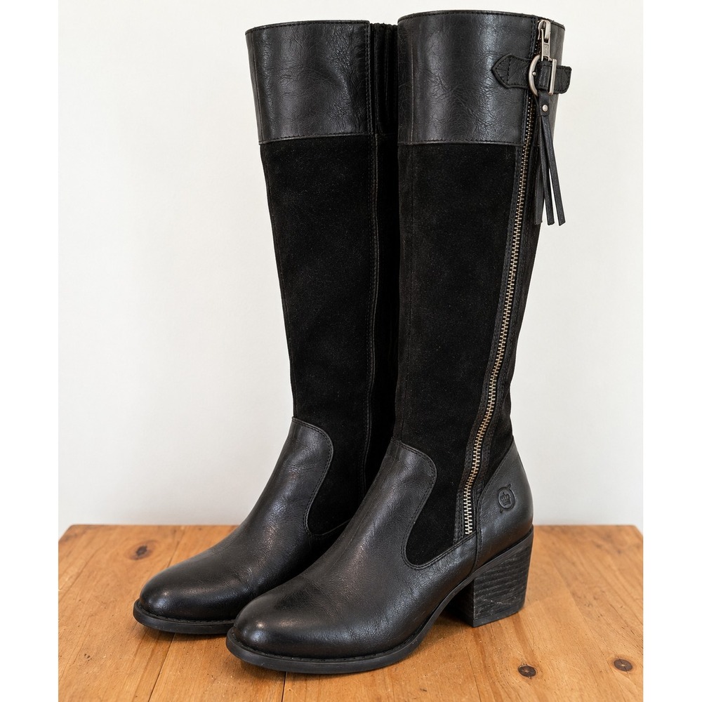 Born F73809 Women's 7M Black Leather Suede Knee High Riding Boots Zip Buckle